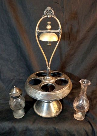 Silver Cruet Set / Condiment / Ceremonial Set With Bell And Etched Glass