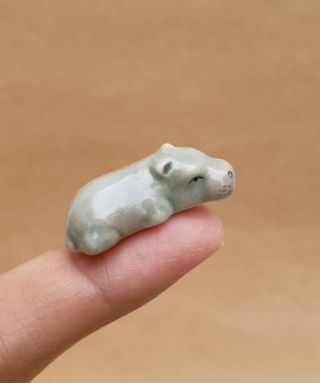 Ceramic Figurine Miniature Hippopotamus Wild Animal Handmade Craft Decor Hippo