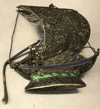 Old Chinese Export Sterling Silver Filigree Enamel Ship Figurine 052919bd