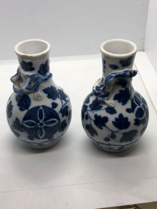 Antique 20c Hand Painted Blue & White Mini Vases With 3d Dragons 9cm H