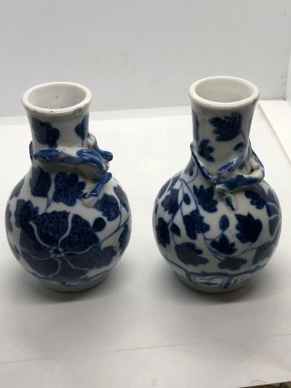 Antique 20C Hand Painted Blue & White Mini Vases With 3D Dragons 9cm H 2