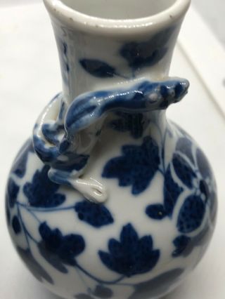 Antique 20C Hand Painted Blue & White Mini Vases With 3D Dragons 9cm H 4