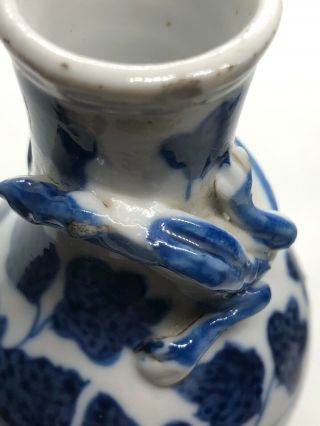 Antique 20C Hand Painted Blue & White Mini Vases With 3D Dragons 9cm H 7