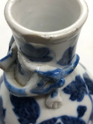 Antique 20C Hand Painted Blue & White Mini Vases With 3D Dragons 9cm H 8