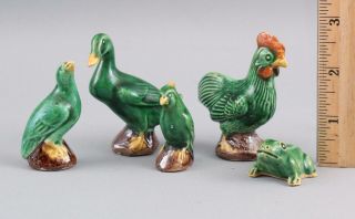 5 Antique Early 20thc Chinese Animal Pottery Figurines,  Duck Frog Rooster Birds