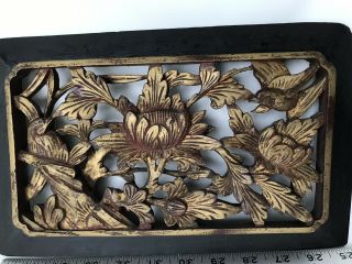 Antique Chinese Carved Wood Bird Figures Lotus Flowers Gold Painted Panel Part