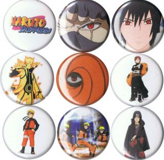 Set Of 9 Naruto Shippuden Pins Buttons Anime Itachi Gaara Sharingan