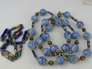 Antique Chinese Export Hand Painted Porcelain Beads & Enamel 2 Necklaces