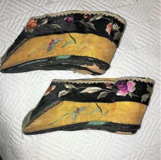 Antique Pair Chinese Ebroidered Lotus Shoes Bound Feet Qing Embroidery Slippers