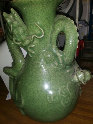 Vintage Chinese Celadon Dragon Handle Vase 12 Tall