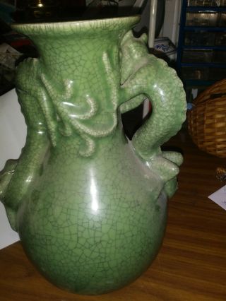 Vintage Chinese Celadon dragon Handle Vase 12 tall 2