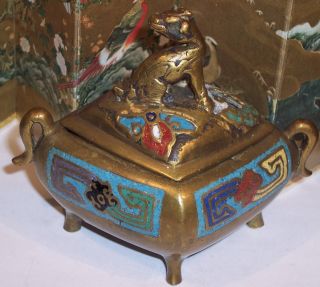 Good Antique Japanese Champleve Cloisonne Enamel Incense Burner Brass Foo Dog