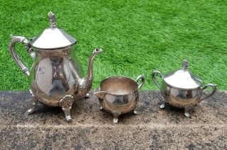 Antique Vintage Silver Plate Grenadier 3 Piece Tea Set Teapot Sugar Bowl Milk