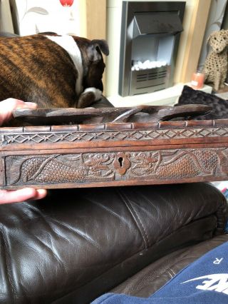 Antique Vintage Chinese Wooden Carved Dragon in Relief Jewellery Trinket Box 3