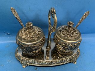 Vintage Silver Plated Cream & Sugar Bowm With Spoons On Serving Tray - Tea Set