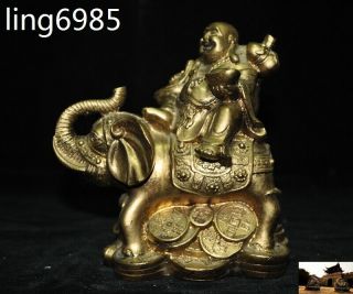 Rare China Brass Happy Laugh Maitreya Buddha Ride Elephant Yuanbao Wealth Statue