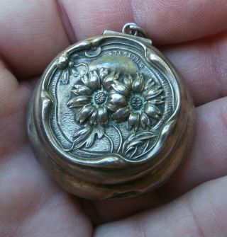 Antique Victorian Art Nouveau Sterling Silver Chatelaine Pill Box Flowers