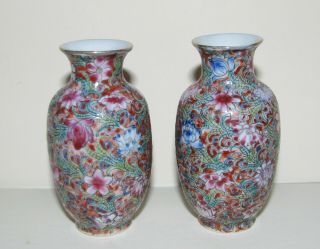 PAIR MEIJI CHINESE PORCELAIN VASES FAMILLE ROSE SIGNED HAND PAINTED MINIATURE 2