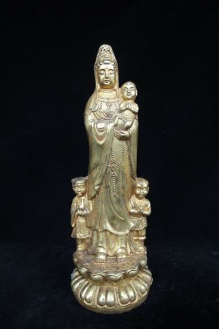 Old Chinese Gilt Bronze Guanyin Holding Baby Buddha Statue " Qianlong " Mark
