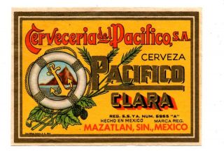 1920s Cerveceria Pacifico Brewery,  Mazatlan,  Mexico Pacifico Clara Beer Label