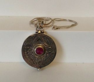 Vintage Sterling Silver 925.  Necklace & Pendant Snuff/ Pill Box With Large Ruby