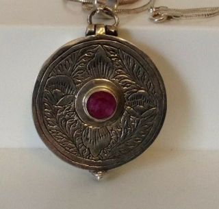 Vintage Sterling Silver 925.  Necklace & Pendant Snuff/ Pill Box With Large Ruby 2