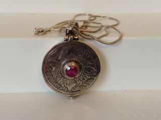 Vintage Sterling Silver 925.  Necklace & Pendant Snuff/ Pill Box With Large Ruby 3