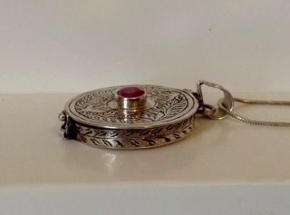 Vintage Sterling Silver 925.  Necklace & Pendant Snuff/ Pill Box With Large Ruby 5