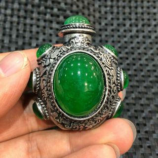 Chinese Handwork Old Tibet Silver Inlay Jadeite Jade 9 Green Beads Snuff Bottle