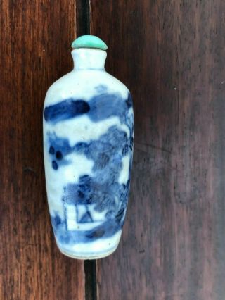 Old Antique Chinese Porcelain Blue & White Snuff Bottle With A Turquoise Top