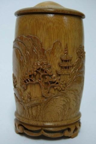 Very Finely Carved Chinese Lidded Bamboo Brush Pot - Very Rare - L@@k