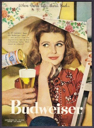 1957 Woman Trying To Hang Wallpaper Photo Budweiser Beer Can Vintage Print Ad