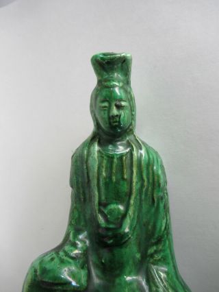 Ming Dynasty Kwan Yin Green Glazed Chinese Dynastic Pottery Statue Circa 1650.