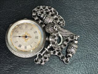 Antique Silver Fob Watch And Chain