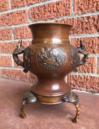 Antique Chinese Bronze Censer - Incense Burner Urn With Scholar,  Child,  Foo Dog
