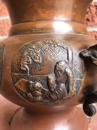 Antique Chinese Bronze Censer - Incense Burner Urn With Scholar,  Child,  Foo Dog 3
