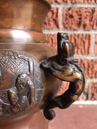 Antique Chinese Bronze Censer - Incense Burner Urn With Scholar,  Child,  Foo Dog 4