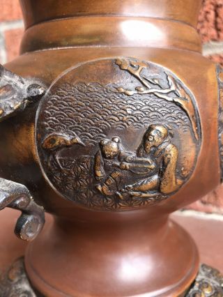 Antique Chinese Bronze Censer - Incense Burner Urn With Scholar,  Child,  Foo Dog 5