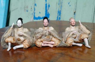 Antique Japanese Hina Dolls 3 Wise Men Warriors 19thc.  Meiji Period Silk Brocade
