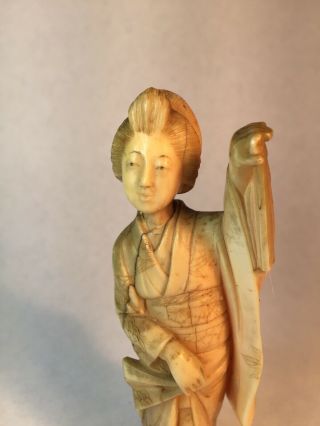Antique Japanese Carved Okimono Geisha Girl Signed To Base C1880 3