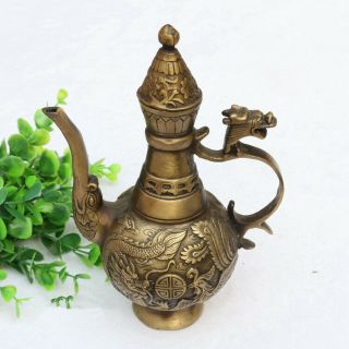 Chinese Old Brass Hand - Carved Dragon Phoenix Statue Teapot Wine Pot