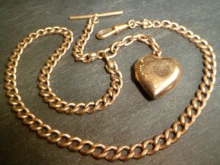 Antique 9ct Rolled Gold Albert Pocket Watch Chain And Love Heart Locket Fob