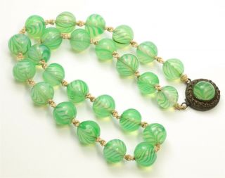 Vintage Art Deco Chinese Export Hand Knotted Green Peking Glass Bead Necklace