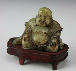 Chinese Export Hand Carved Green Jade Buddha Happy Hotei Sculpture Wood Base Edd