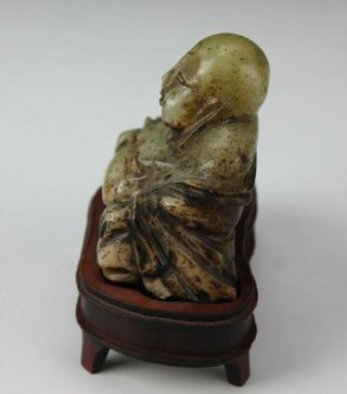 Chinese Export Hand Carved Green Jade Buddha Happy Hotei Sculpture Wood Base EDD 2