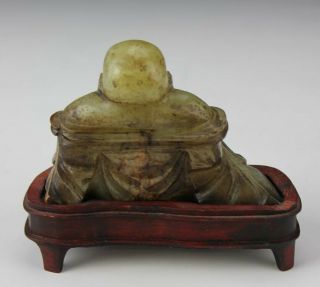 Chinese Export Hand Carved Green Jade Buddha Happy Hotei Sculpture Wood Base EDD 3