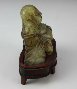 Chinese Export Hand Carved Green Jade Buddha Happy Hotei Sculpture Wood Base EDD 4