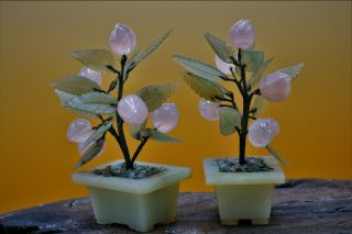 Fine Peach Trees,  OLD Chinese Celadon HARD STONE Rose Quartz Hand Carved 2
