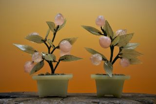Fine Peach Trees,  OLD Chinese Celadon HARD STONE Rose Quartz Hand Carved 3