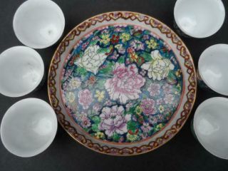 Vintage Chinese Porcelain Famille Rose On Blue Ground - Cups And Tray Set